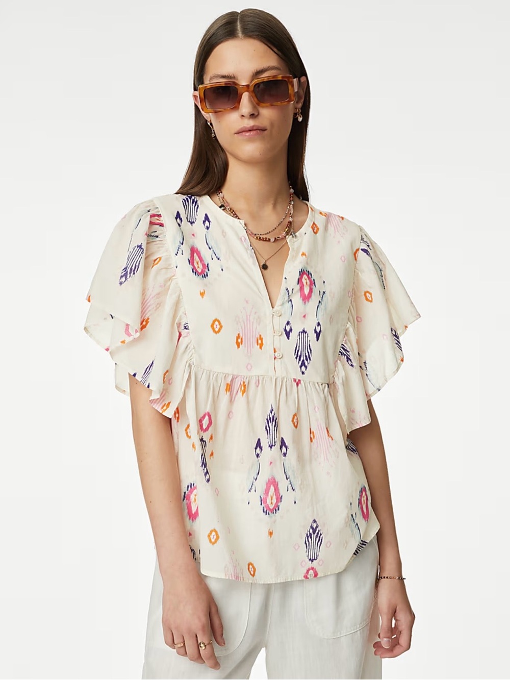 Per Una Women’s 14 Boho Ikat Flutter Sleeve Babydoll Peplum Blouse Top